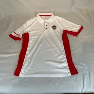 Mens king, apparel, white, and red polo shirt, NCAA Lobo’s logo M short sleeve